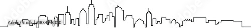 Panoramic cityscape skyline with various buildings in a continuous single line drawing style