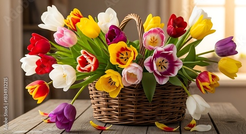 Colorful tulips bloom in a rustic basket on a wooden surface.