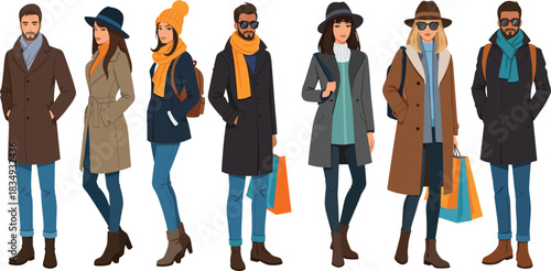 Stylish winter fashion people illustration, modern men and women in coats, hats, boots and scarves, trendy clothing shopping characters