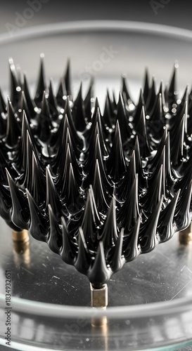 Ferrofluid forms sharp spikes in a magnetic field.