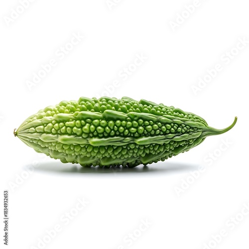 A green, bumpy bitter melon vegetable is isolated on a white background.