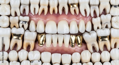 Dental models showcase various tooth restorations and healthy molars.