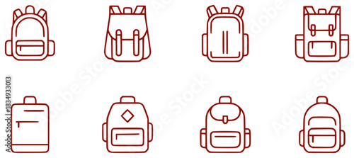 Collection of Red Line Art Backpack Icons on White Background