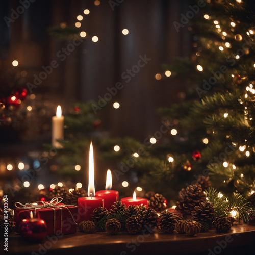 Burning Red Advent Candles and Natural Pinecones Near a Decorated Christmas Tree - Warm, festive table setting with bokeh lights, traditional holiday greenery, and a cozy winter ambiance.
