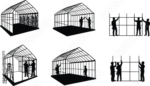 Team of workers constructing modern greenhouse structure with transparent panels, teamwork building greenhouse frame, sustainable agriculture construction concept, vector illustration