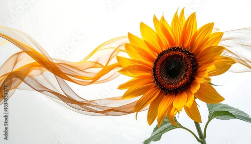 Close-up of a vibrant, full sunflower with a dark center, golden petals, and flowing amber fabric on a white background