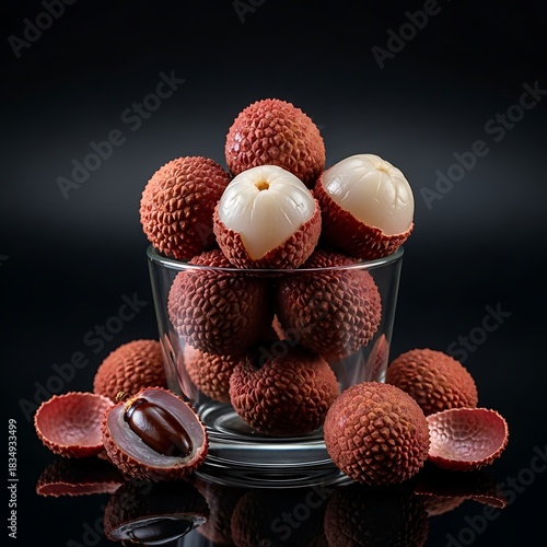 Fresh lychee fruits piled in a glass bowl against a dark background.