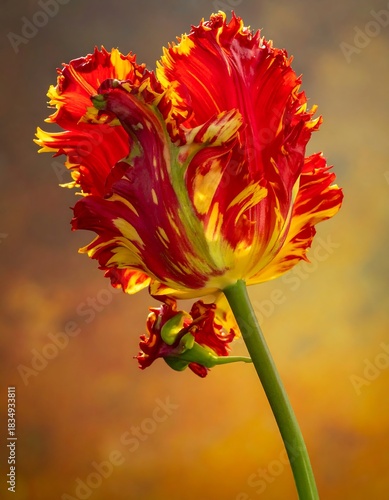 Close-up of a vibrant, fringed tulip with fiery red and yellow petals against an out-of-focus, warm-toned background