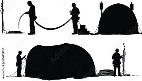 Technicians installing communication equipment and connecting data cables to portable field network tent for emergency telecommunication setup and outdoor infrastructure