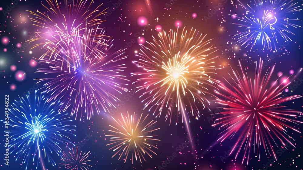 Fototapeta premium Fireworks in the night sky. Fireworks at Night. Stars of the fireworks are on a dark