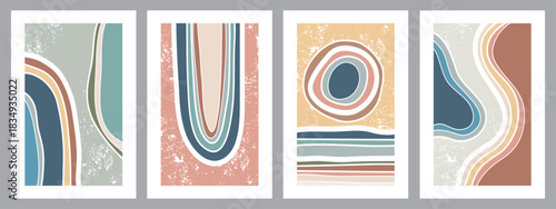 A collection of contemporary art posters in pastel colors. Abstract paper cutouts with geometric elements and strokes, abstract patterns, and dots. Great designs for social media, postcards, and print