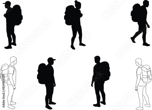 Traveler silhouettes with backpacks walking and standing, hiking adventure people, outdoor exploration concept design for camping, tourism, and nature journey illustration