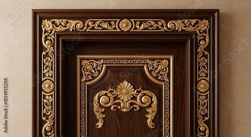 Ornate dark wood door with elaborate golden carvings adorns entryway.