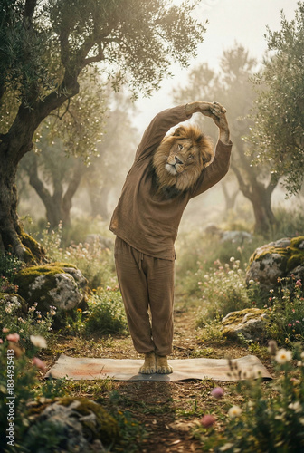 lion doing yoga surrounded by beautiful nature