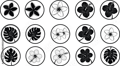 Tropical flower and leaf silhouette icon set, hibiscus and plumeria botanical circle designs for stickers, craft cutting, print and pattern use