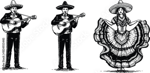 Traditional Mexican mariachi musicians and folkloric dancer illustration, cultural festival celebration, sombrero outfits and guitar performance, vintage Mexican art design