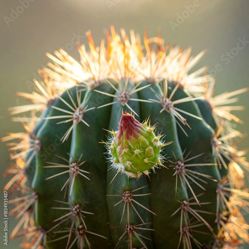 Close-up of a vibrant green cactus with sharp spines and a budding flower, backlit by warm sunlight. The shallow depth of field creates a soft, blurred background