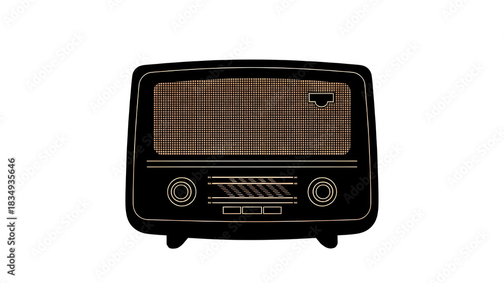 Fototapeta premium Vintage radio illustration with classic wood texture, retro transistor receiver icon, antique mid-century audio equipment for podcast and music design isolated PNG with Transparent Background