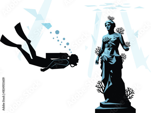Underwater diver exploring ancient submerged statue covered in coral, representing ocean discovery, marine archaeology, scuba adventure, hidden history, and deep-sea exploration themes