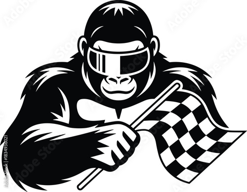 Monochrome Vector Illustration of a Strong Gorilla Mascot Wearing a Racing Helmet with Visor and Waving a Checkered Flag, Perfect for Motor Sports, Racing Team, or Automotive Brand Logos.