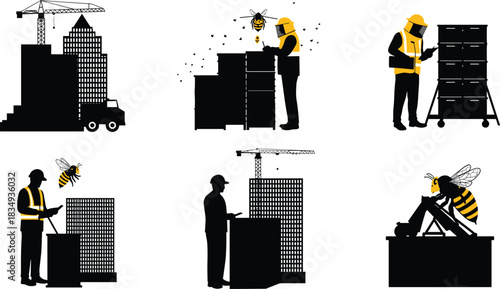 Urban beekeeper working on rooftop apiary with honey bees, modern beekeeping and sustainable city farming concept for environmental conservation