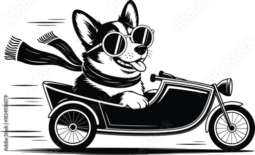 Monochrome Vector Illustration of a Happy Corgi Dog Wearing Round Sunglasses and a Scarf, Riding Fast in a Vintage Motorcycle Sidecar, Representing Fun, Adventure, Travel, and Cool Pet Style.
