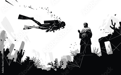 Underwater diver exploring submerged ancient statue surrounded by coral reef environment, showcasing marine adventure, ocean discovery, scuba diving exploration, and underwater archaeological scenery