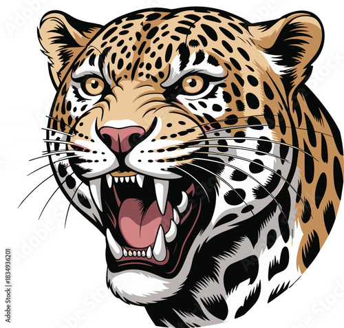 Dynamic and Detailed Full-Color Vector Illustration of a Roaring Spotted Jaguar or Leopard Head Mascot with Aggressive Expression and Exposed Fangs for Sports, Gaming, or Brand Logo Design.