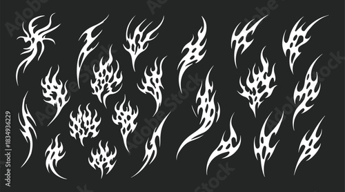 Set Neo tribal vector gothic art pack. Y2k cyber sigil aesthetic tattoo, simmetric ethnic celtic shape. Vector illustration of emo gothic tribal tattoo designs, acid metal music poster