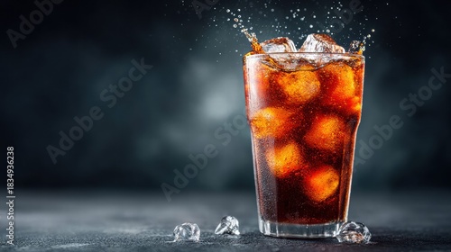 Refreshing glass of cola with ice cubes