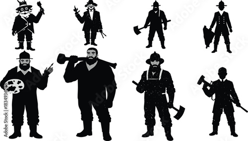 Vintage lumberjack and worker silhouette collection featuring axes, tools, artistic characters, and rugged traditional outfits for retro design, illustration, and branding use