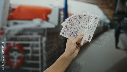 Canvas Print Man holds singapore dollars on a seaside cruise boat with a blurred background suggesting travel and finance themes