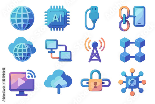 Connected icon blockchain tower devices globe ecosystem vector cable network digital global