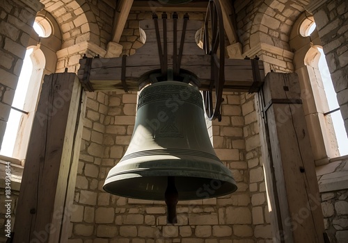 Large bell hangs from wooden beams in a stone tower.