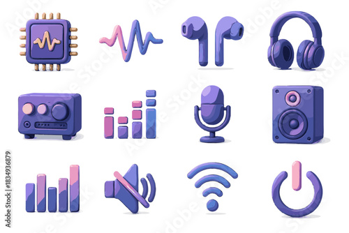 Noise chip amplifier filter headphones icons button audio soundwave vector connection tech