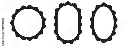 Elegant round and oval frames with intricate lace borders. Black scalloped edges add vintage charm to mirror style decorative designs for logos and monograms.