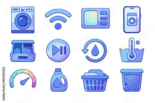 Vector spin detergent app softener machine drawer smart button icon meter washer