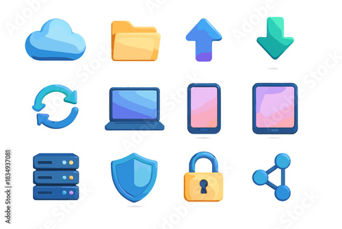 Digital lock vector sync shield rack server laptop backup network icons tablet