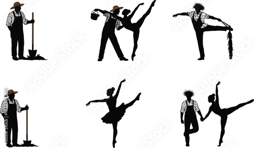 Whimsical farmer and ballerina silhouette collection combining rustic agricultural characters with graceful dance poses for creative illustration, storytelling, and artistic design projects