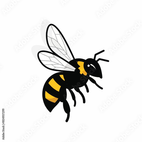 A detailed illustration of a bumblebee in flight with yellow and black stripes.
