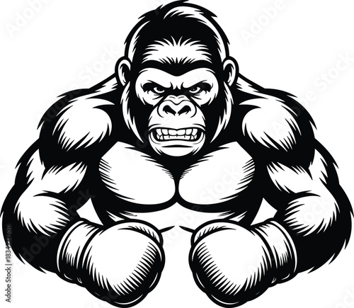 Aggressive Gorilla Mascot Vector Illustration Wearing Boxing Gloves and Displaying Muscular Physique, Perfect for Gym Logos, Sports Teams, MMA Fight Clubs, and Fitness Apparel Design.