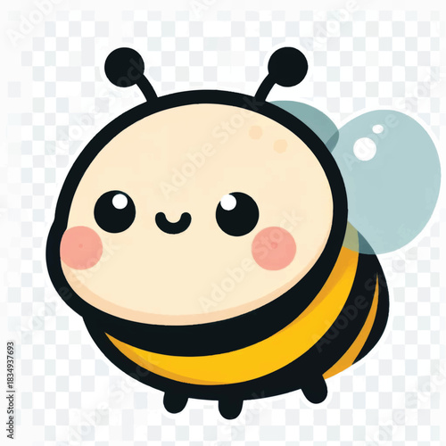 Cute cartoon bee smiling with big eyes and pink cheeks.