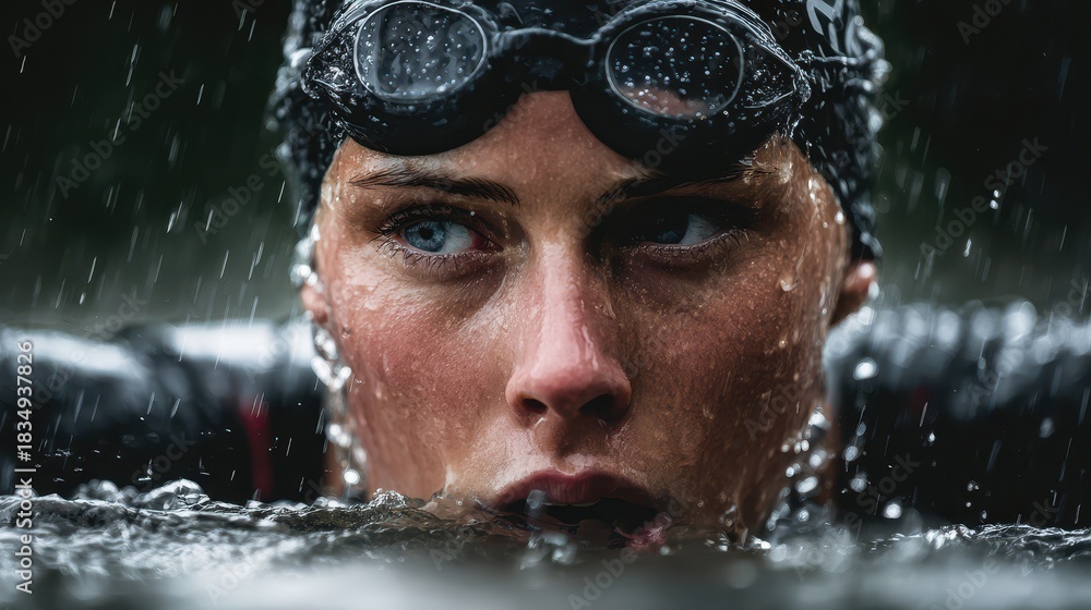 Fototapeta premium Determined female swims steadily in the rain, showcasing resilience and strength during intense training in outdoor conditions