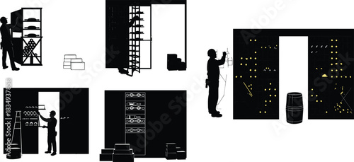 Worker organizing wine cellar storage shelves, silhouette illustration of wine racks, bottles, and barrels, winery inventory management concept design