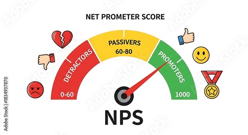 Obraz w ramie Gauge measures net promoter score with customer sentiment icons.