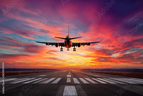 Skyward journey concludes as airplane approaches landing on runway at sunset with vibrant clouds in the background