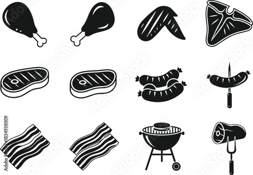 BBQ & Meat Icon Set – Chicken Drumstick, Steaks, Sausages, Bacon, Grill, Meat Fork Vector