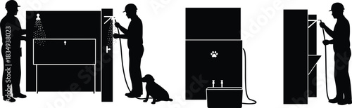 Worker using hose and spray system for washing, pet cleaning and utility sink setup, construction of water station and plumbing maintenance