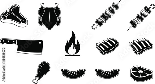 BBQ & Meat Icon Set – Steak, Whole Chicken, Kebabs, Ribs, Sausages, Cleaver, Fire Vector
