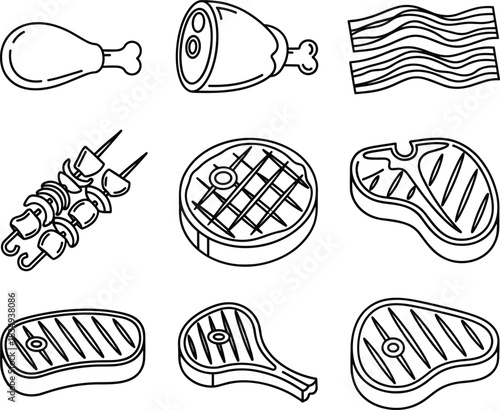 BBQ Meat Icon Set – Steaks, Ham, Chicken Drumstick, Bacon, Kebab Skewers, Grill Vector